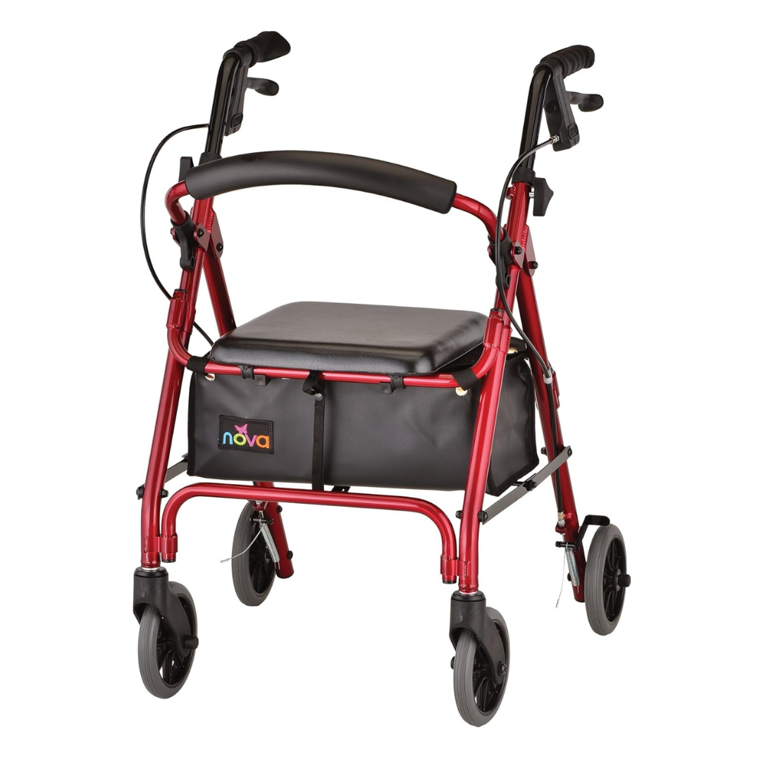The Nova Medical GetGo Rolling Rollator Walker is a lightweight, red mobility aid with four wheels, black hand grips, and a padded seat. It includes a storage pouch under the seat and has a curved backrest for support, offering classic convenience in a compact design.